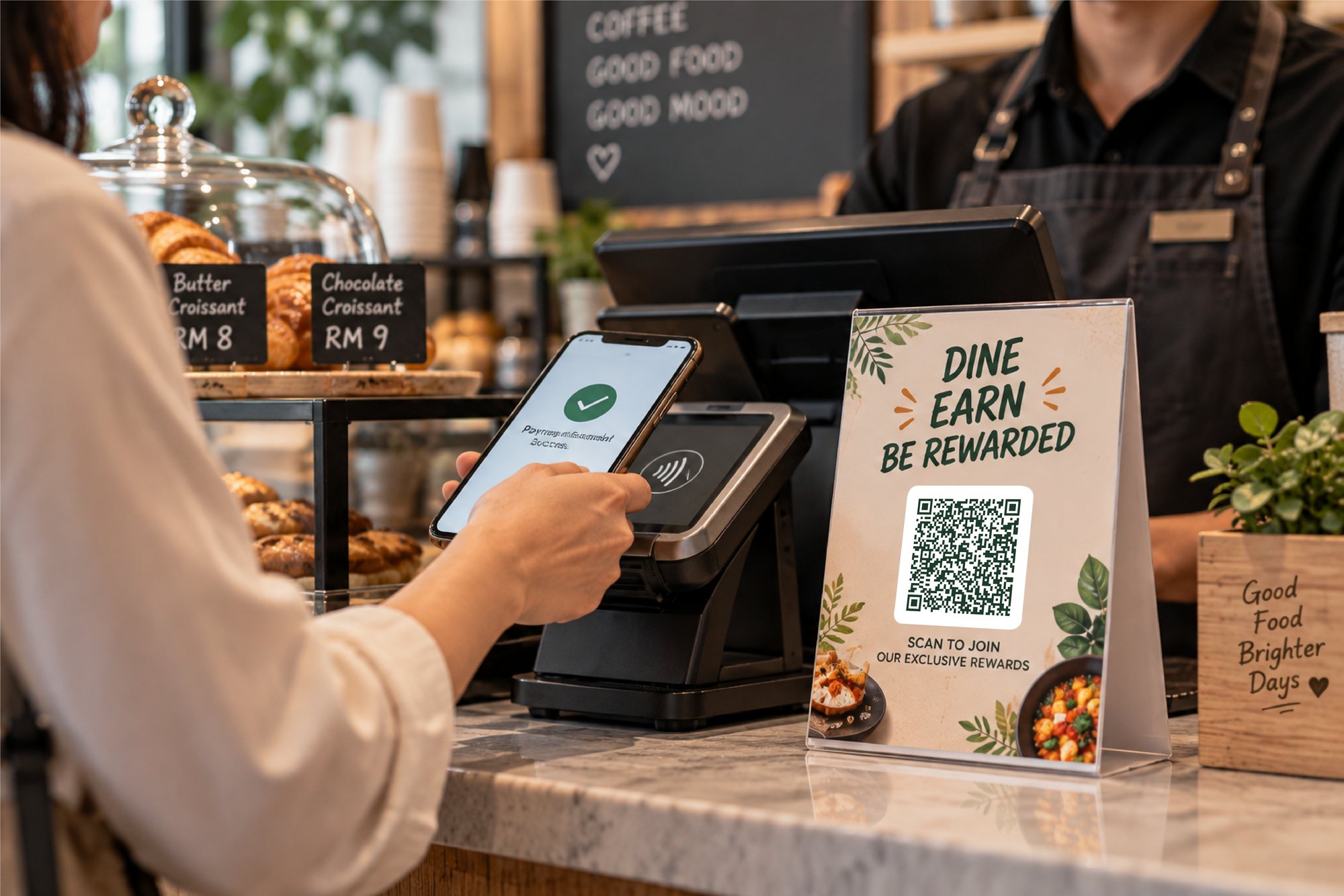 Customer paying at a cafe counter beside a table sign with a scan-to-join QR code